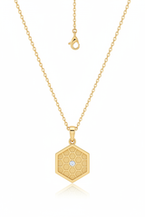 Luxury feminine gold hexagonal pendant necklace with honeycomb engraving, main product view on white background