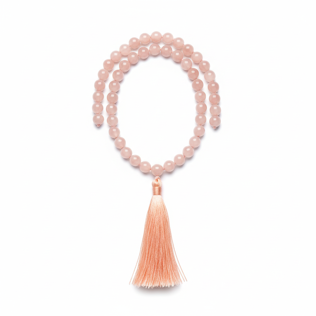 Minimal coral pink mala necklace with blush gemstone beads centered on white background
