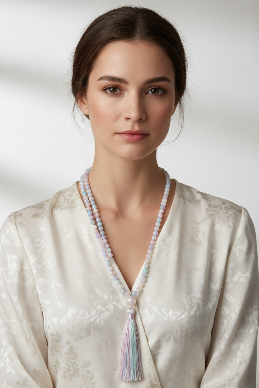 Elegant female model wearing Le Opaline Mala pastel gemstone mala necklace