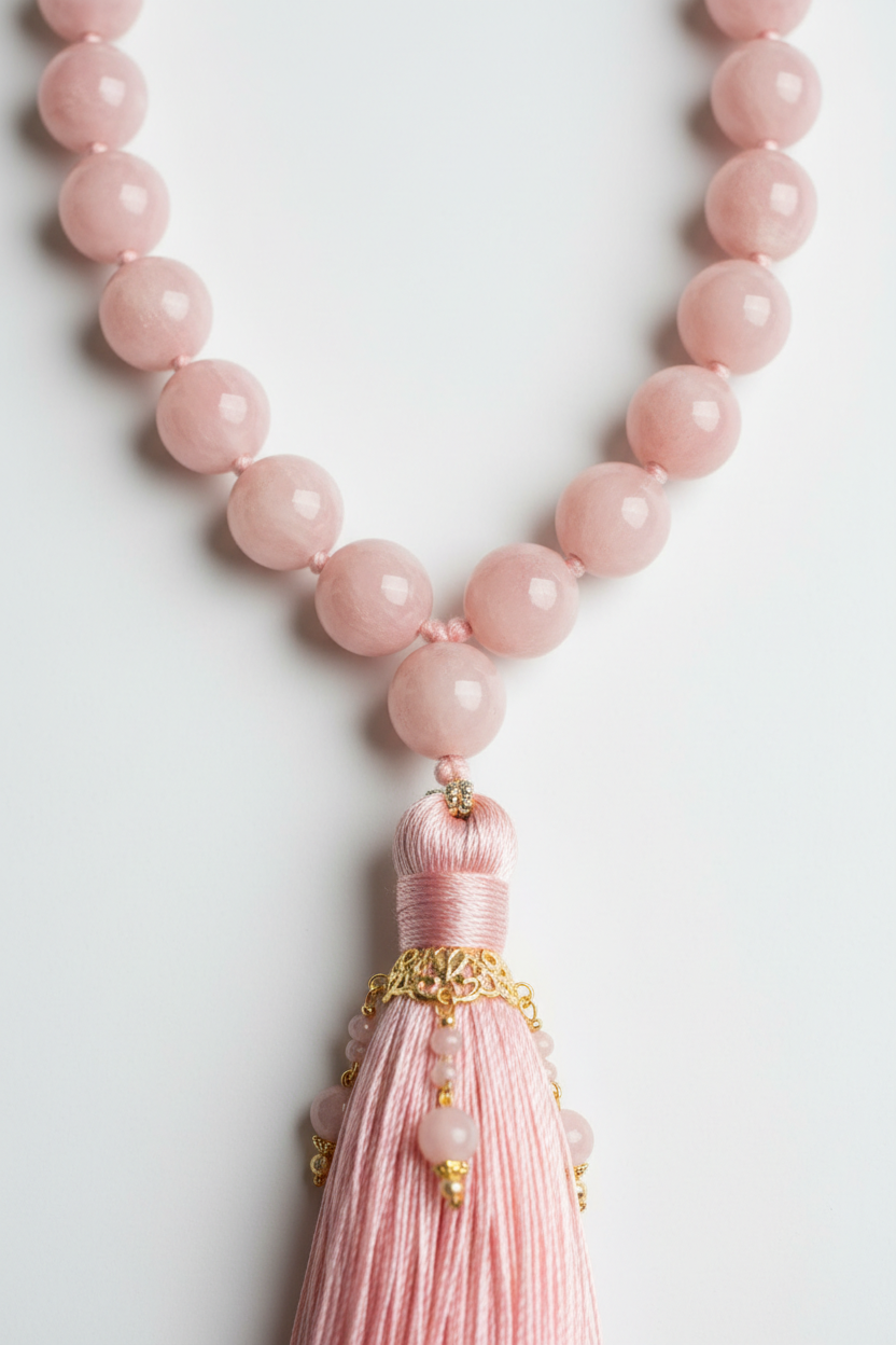 Close-up of Le Amara Mala blush gemstone beads and tassel craftsmanship