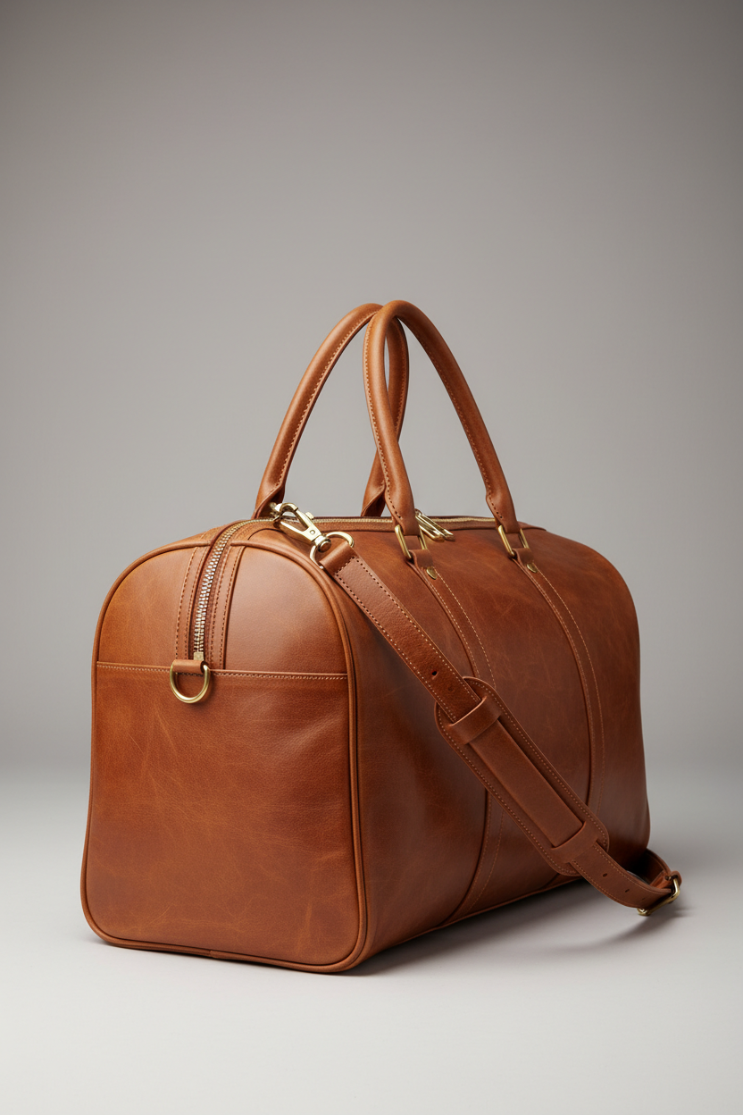 Metropolitan Travel Weekender in Bronze, portrait side-angle shot with strap