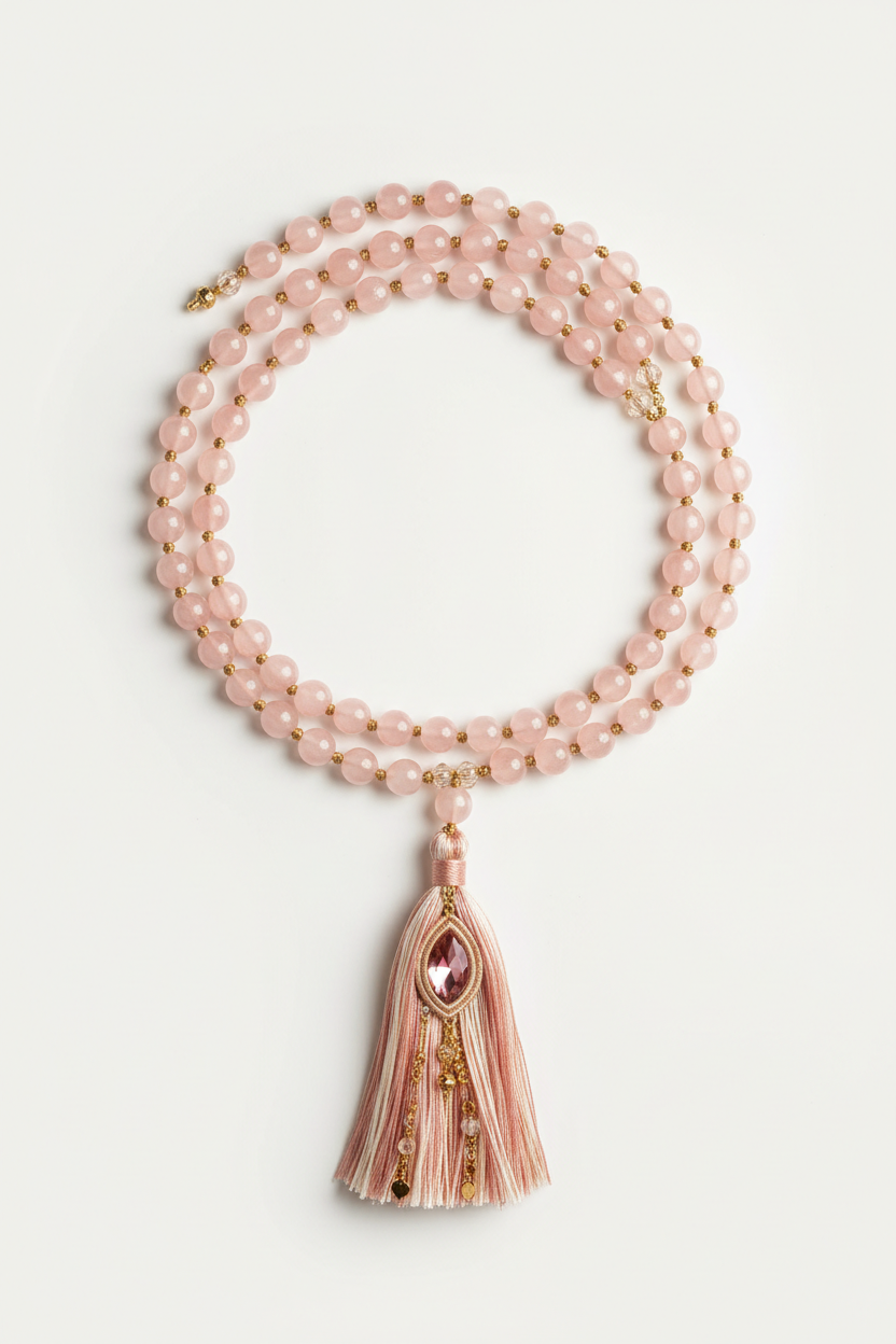 Le Serenity Mala luxury blush gemstone mala necklace centered on white background