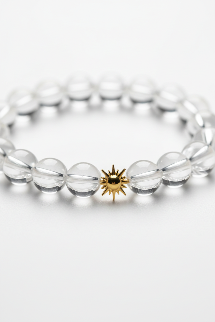 Macro close-up of clear crystal quartz beads on Pure Energy Bracelet
