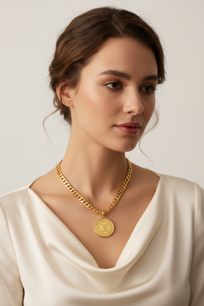 Elegant female model wearing Le Velvet engraved gold pendant necklace