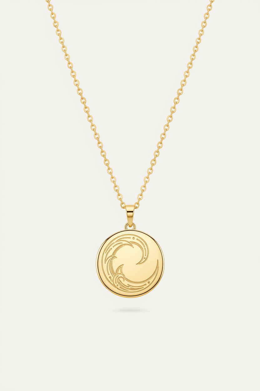 Le Celeste luxury gold engraved disc pendant necklace centered on white background