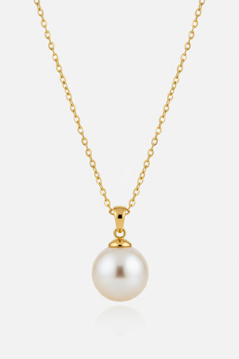 Le Pearl luxury feminine gold pearl pendant necklace centered on white background
