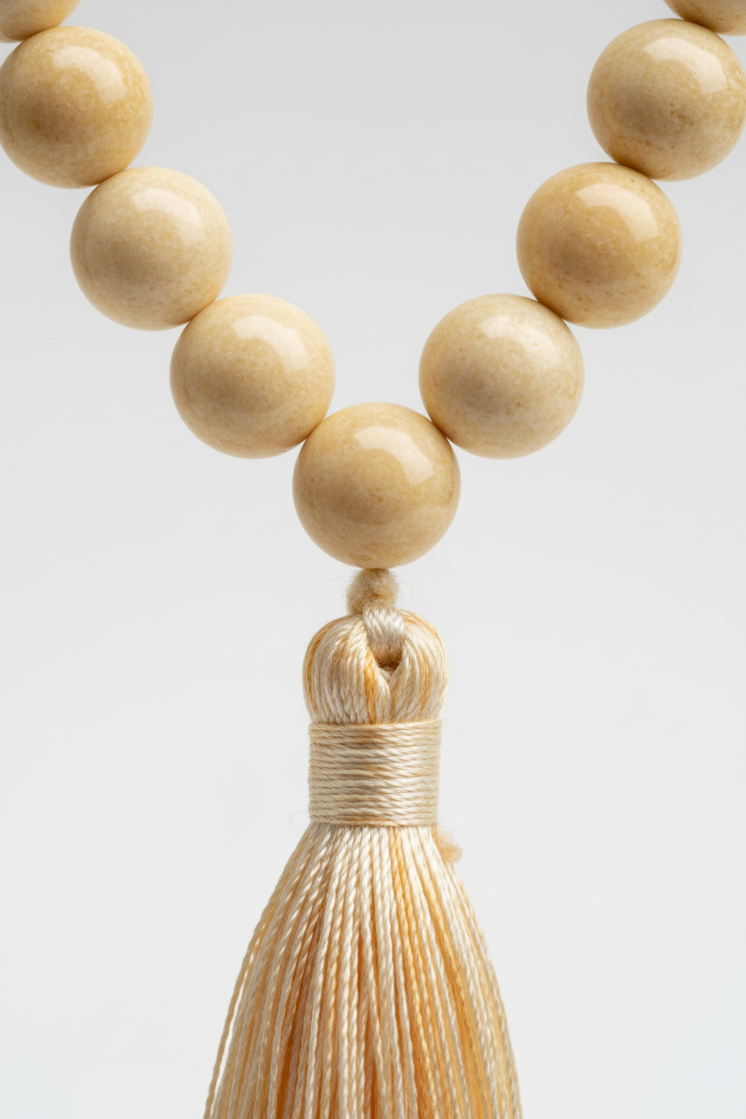 Macro close-up of Le Sattva Mala ivory bead texture and handcrafted cord craftsmanship