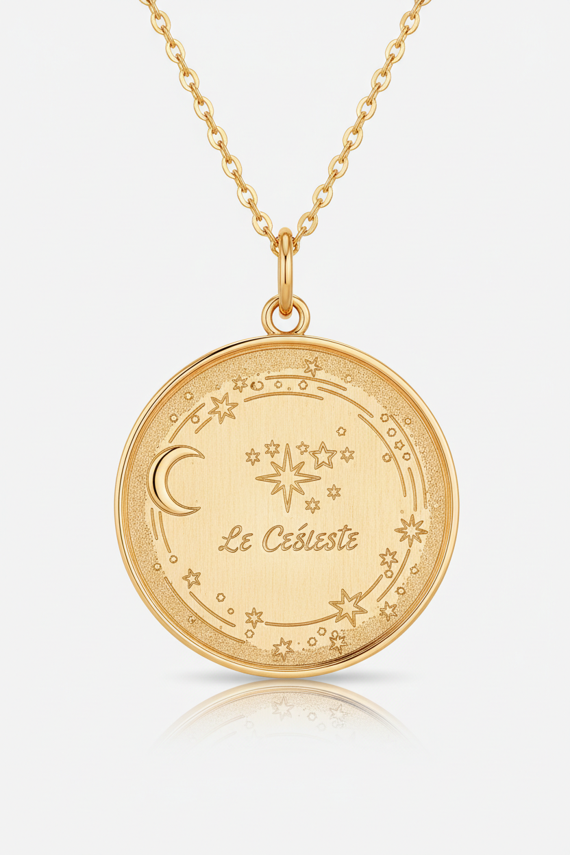 Close-up of Le Celeste gold disc engraving and pendant surface detail