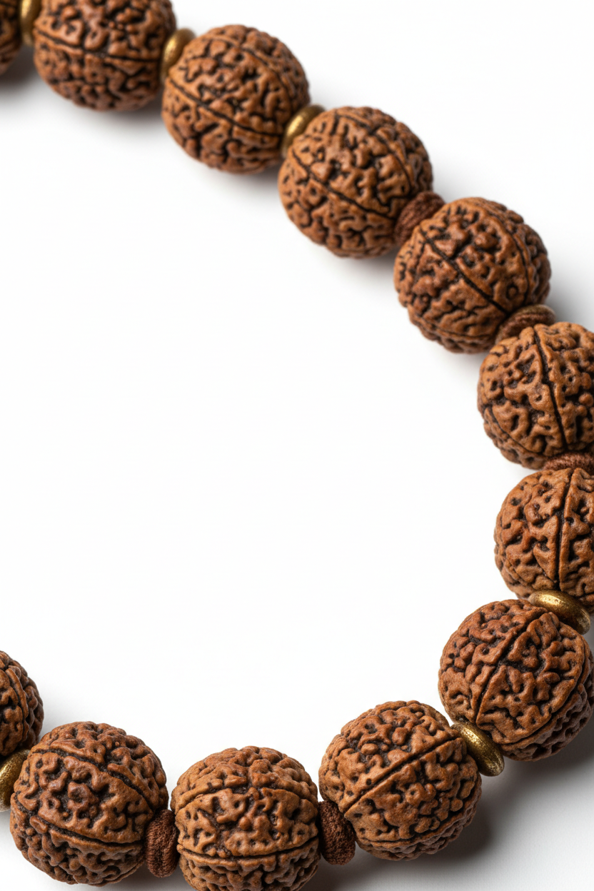 Close-up of natural rudraksha beads on Rudra Mala Necklace showing detailed surface texture
