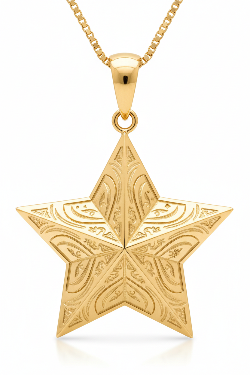 Close-up of Le Stella engraved gold star pendant