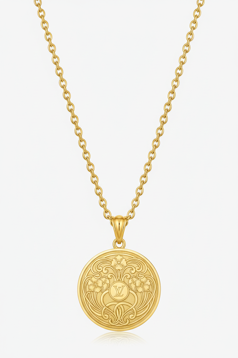 Le Velvet luxury engraved gold pendant necklace centered on white background