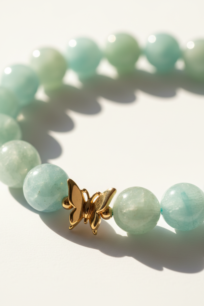 Close-up bead detail of soft pastel aquamarine blue and mint green gemstone beads on Serenity Love Bracelet