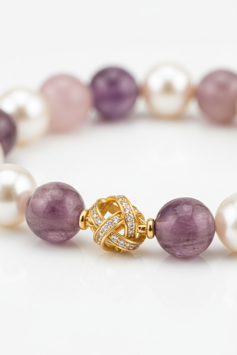 Macro image of Harmony Stone Bracelet natural bead surface texture and gold charm craftsmanship