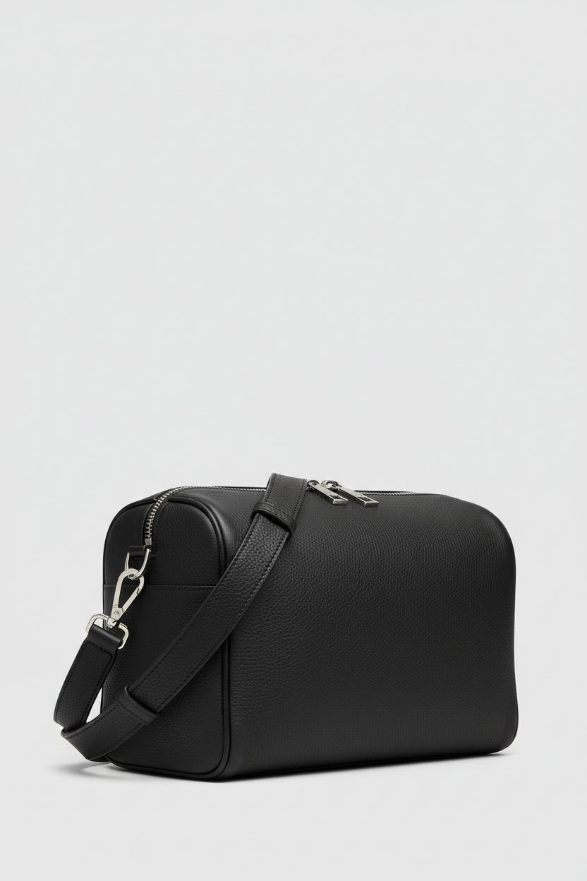 Le Compact Weekender in Black, portrait side-angle shot with strap