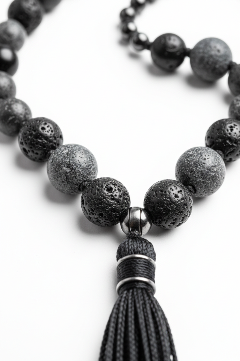 Close-up of natural dark gemstone beads on Stone Mala Necklace in deep grey and black tones