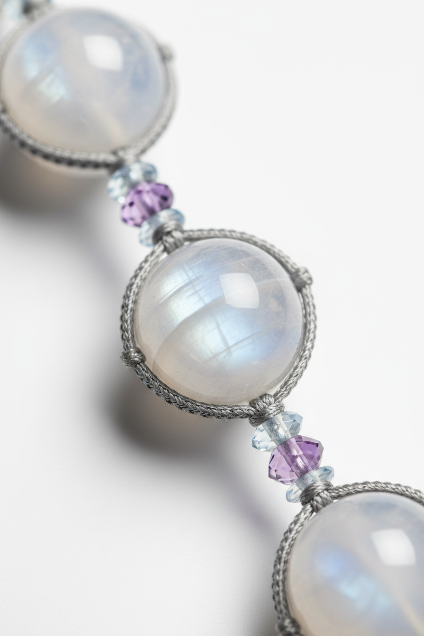 Macro detail of Le Luna Mala gemstone bead texture and cord craftsmanship