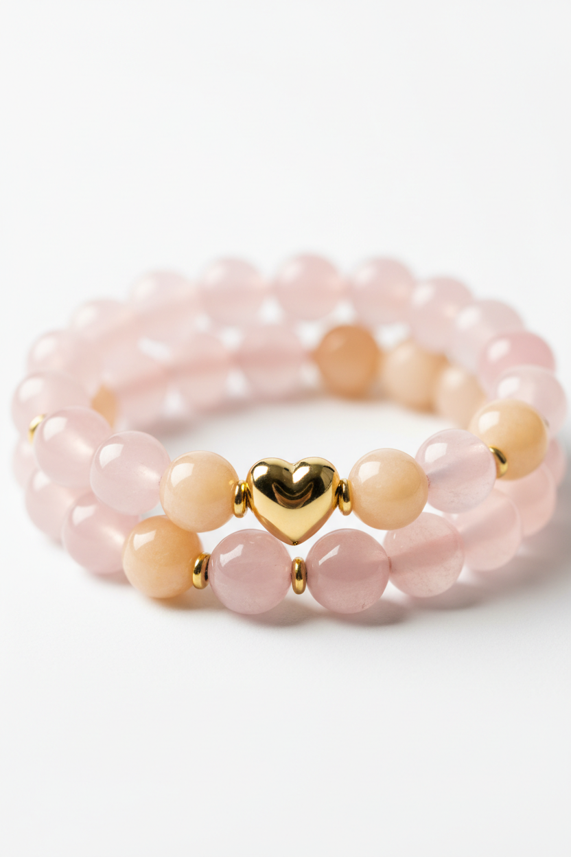 Close-up of soft pastel pink rose quartz and peach aventurine crystal beads on Love Energy Bracelet