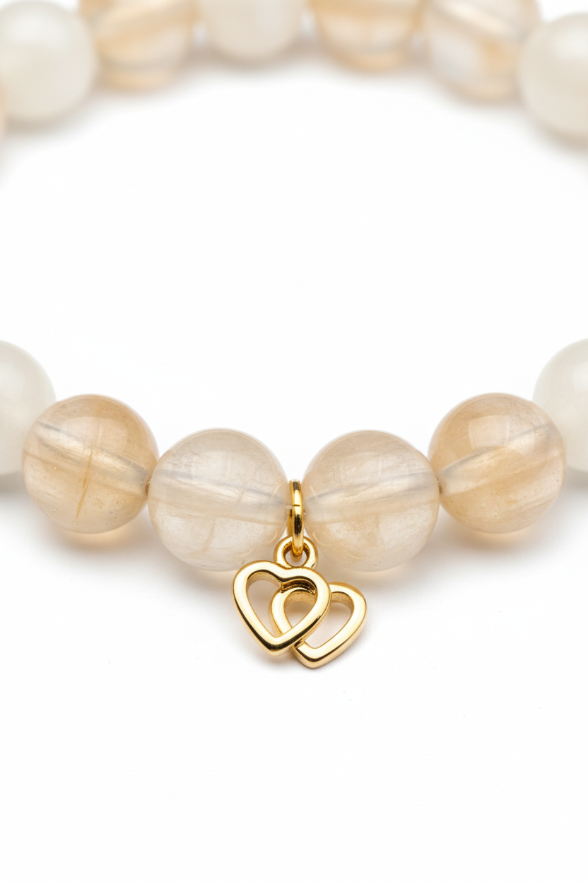 Close-up bead detail of champagne moonstone and cream selenite crystal beads on Heart Soul Bracelet