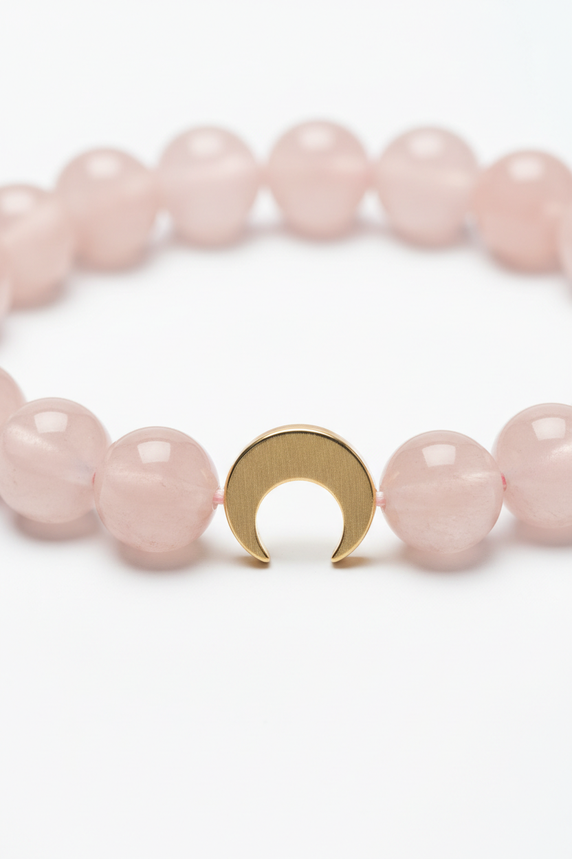 Close-up detail of rose quartz beads and gold crescent moon charm on Calm Soul Bracelet
