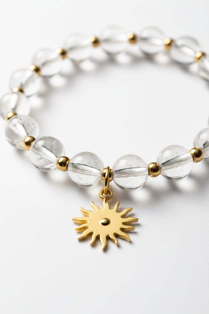 Jewelry close-up of Pure Energy Bracelet showing crystal clarity and gold sun charm detail