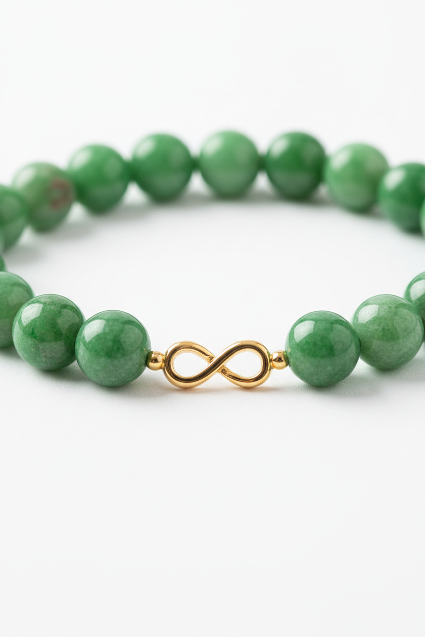 Close-up gemstone detail of smooth jade green beads on Harmony Stone Bracelet