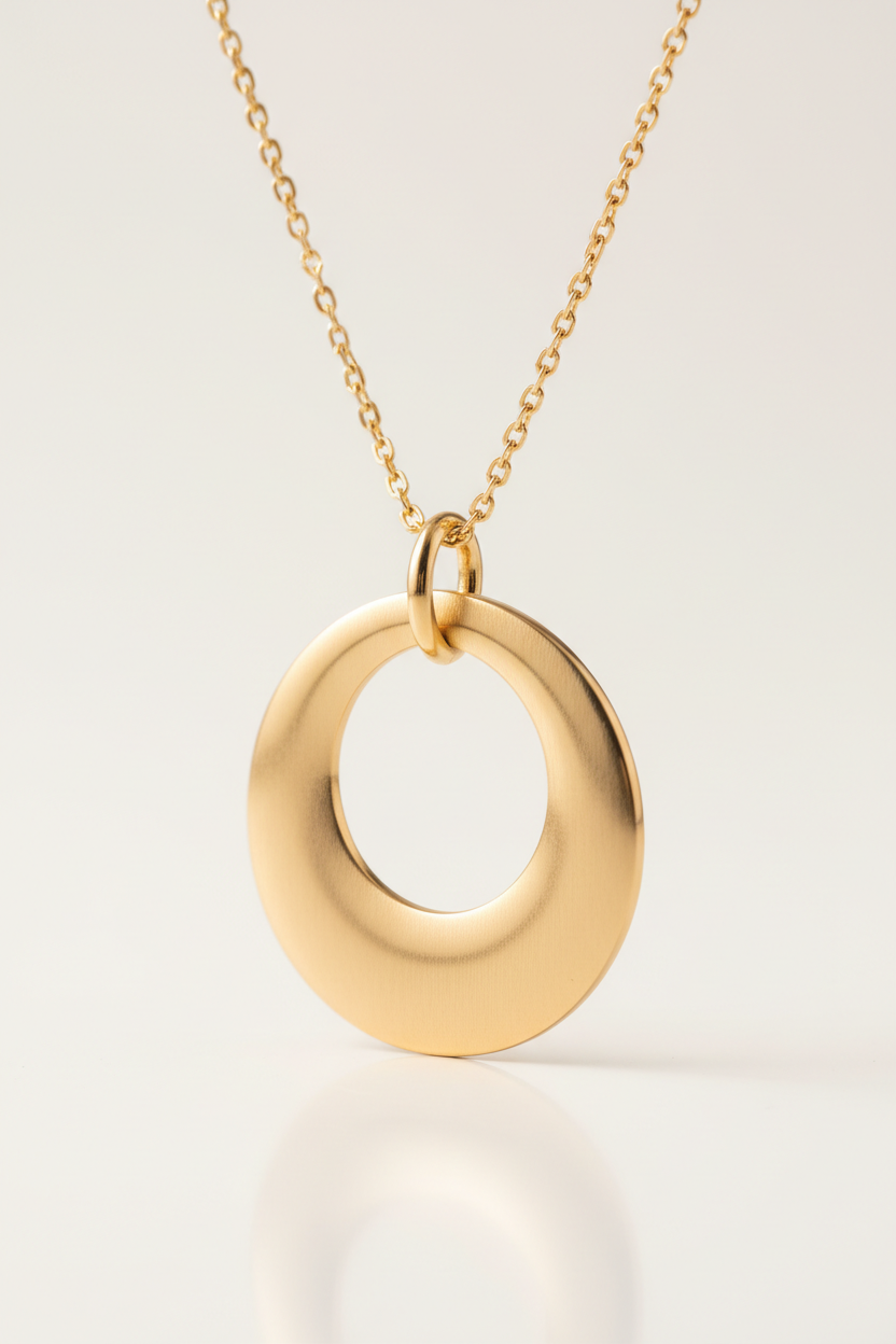 Luxury close-up of Le Harmonie round gold pendant and polished finish