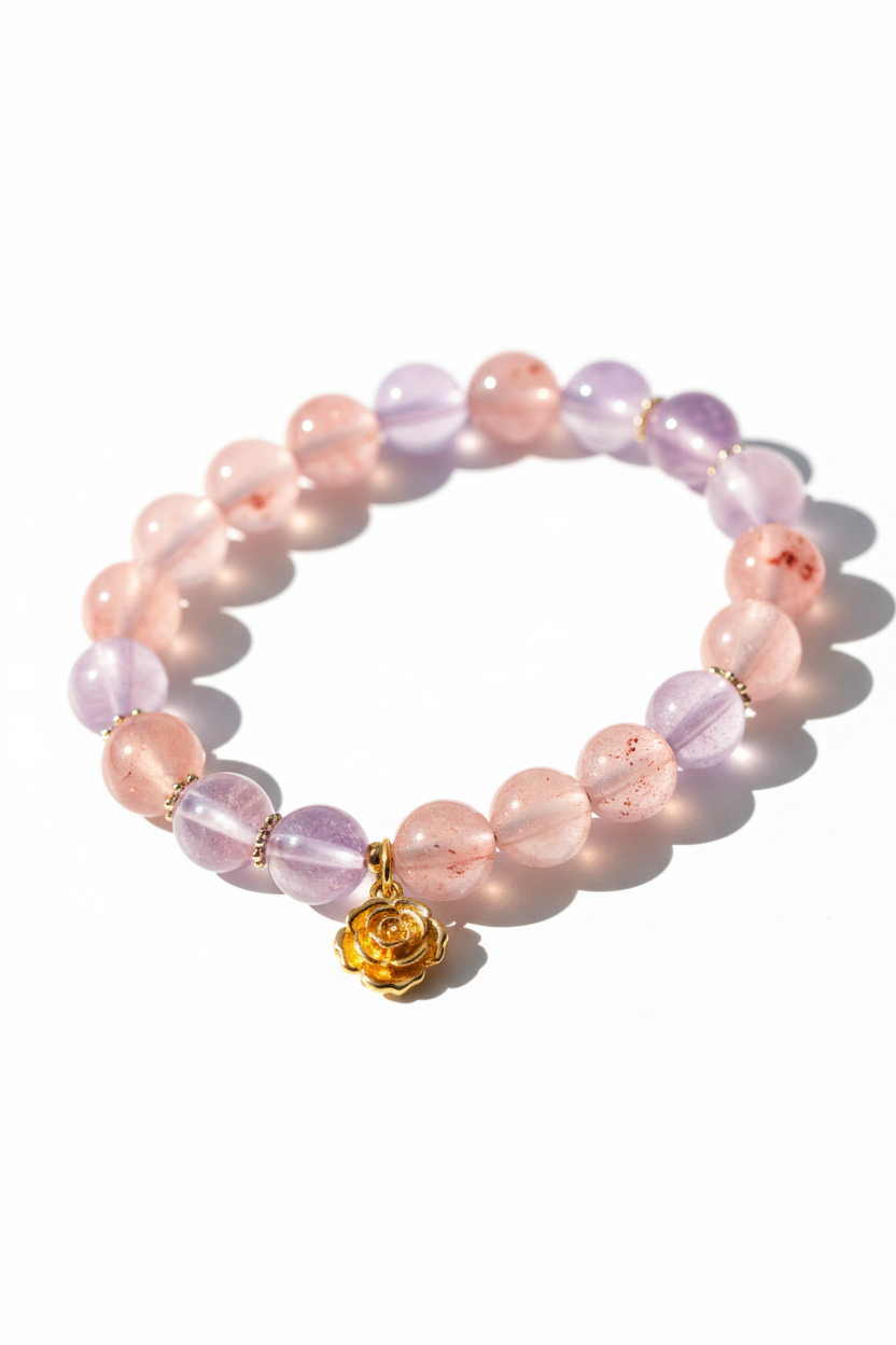 Luxury feminine gemstone bracelet with blush pink and lavender crystal beads, diagonal angle view
