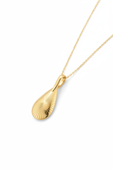 Luxury gold teardrop pendant necklace with sunray engraving, diagonal angle view