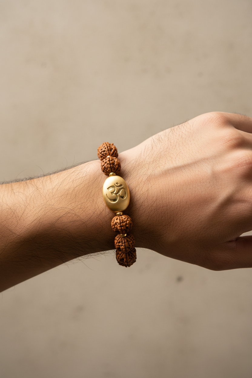 Male model wearing Rudra Stone Bracelet natural rudraksha spiritual bracelet on wrist