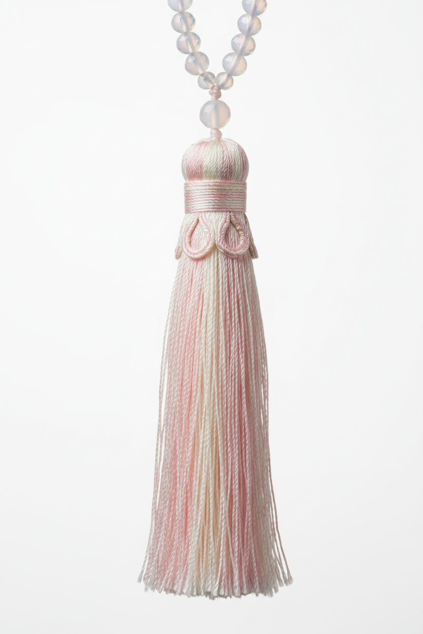 Macro shot of Le Opaline Mala elegant silk tassel in iridescent pastel tones