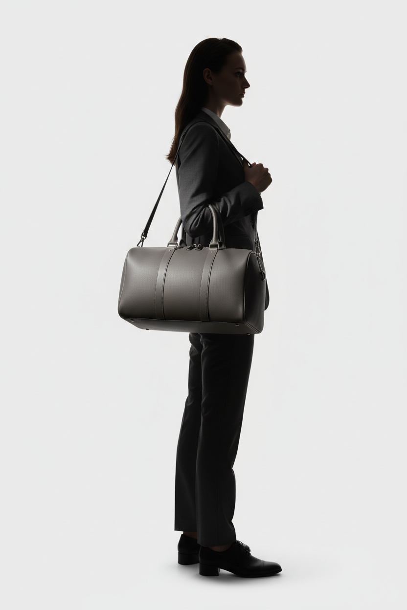 Le Compact Weekender in Gray, portrait lifestyle travel model image