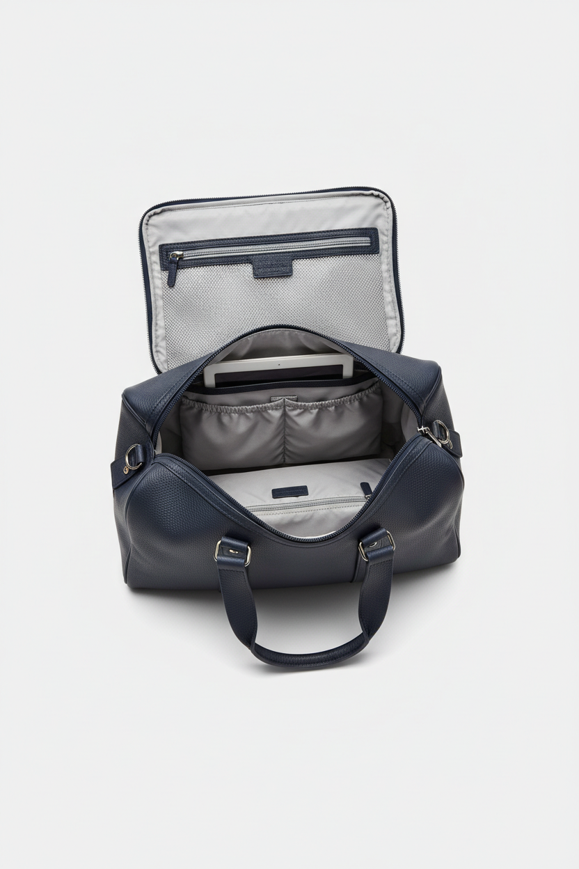 Le Compact Weekender in Navy, portrait open interior compartment view