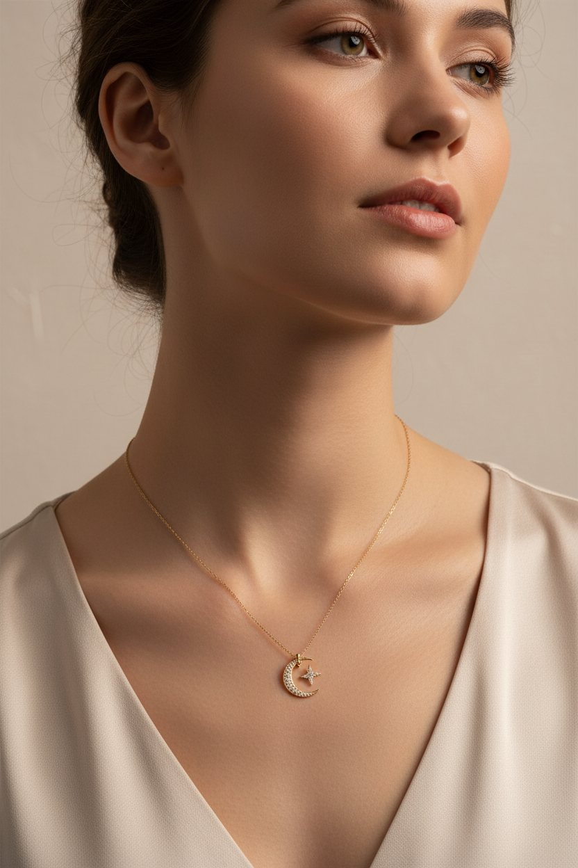 Elegant female model wearing Le Mirage celestial gold pendant necklace