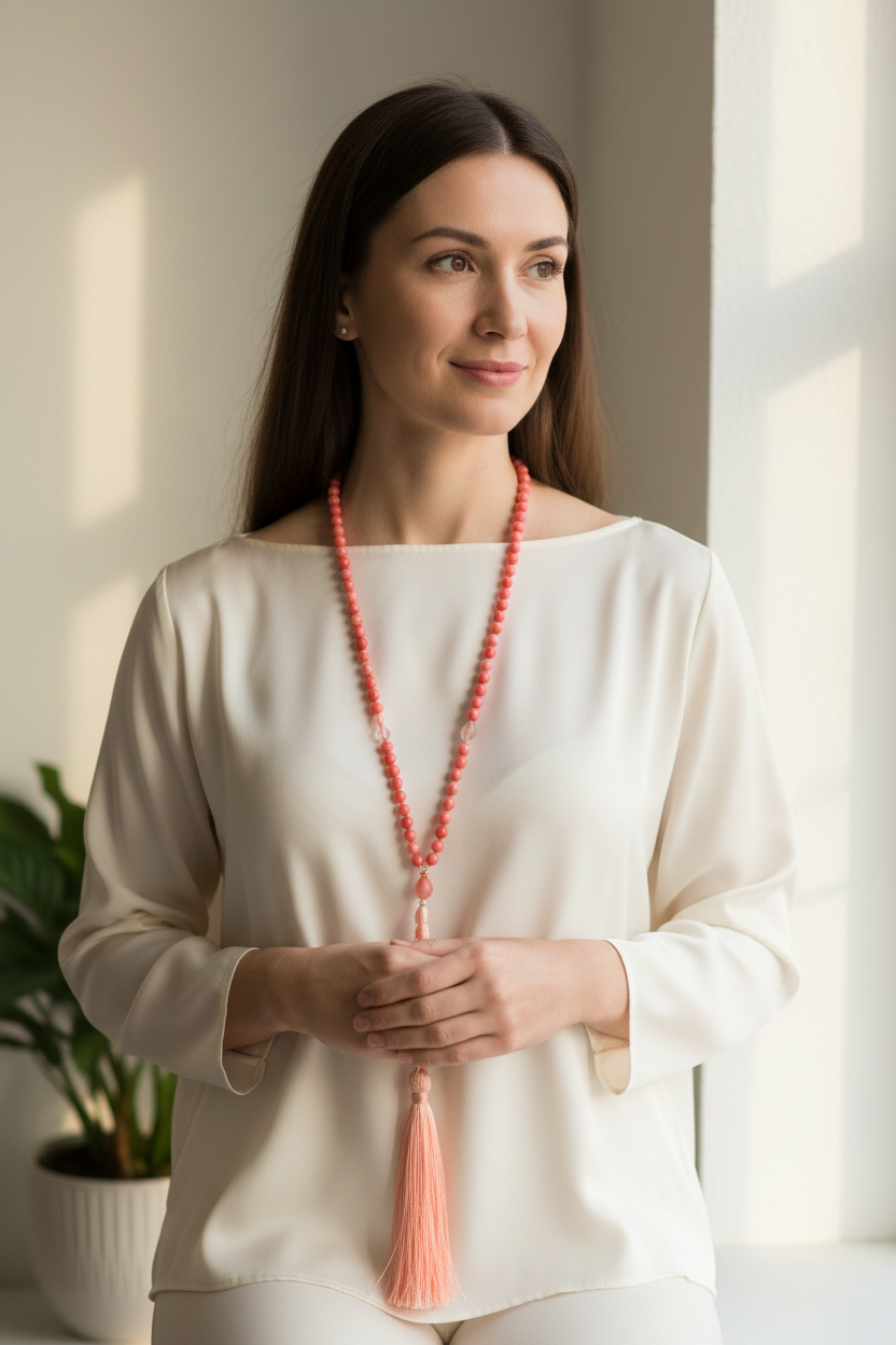 Woman wearing coral pink mala necklace with blush gemstone beads