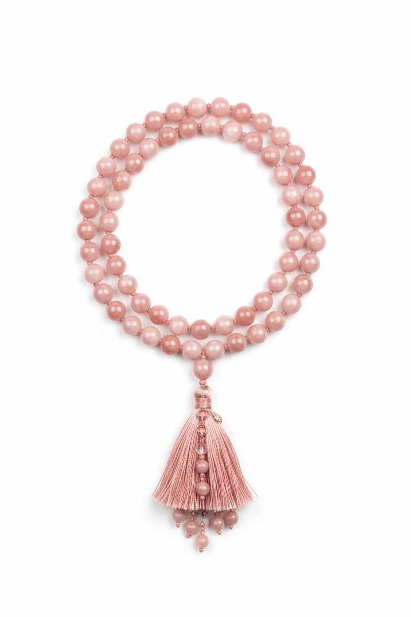 Le Rosé Mala luxury rose pink gemstone mala necklace centered on white background