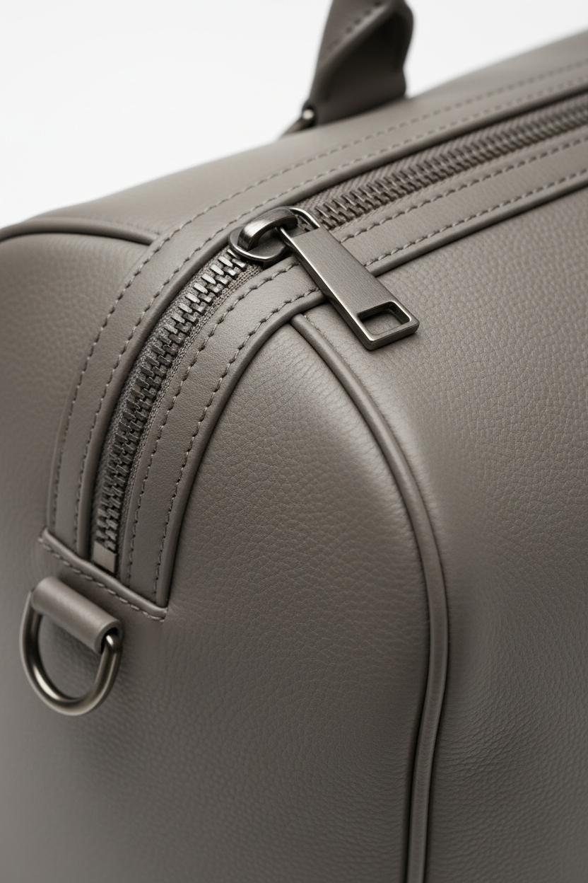 Metropolitan Travel Weekender in Gray, portrait leather and zipper macro close-up