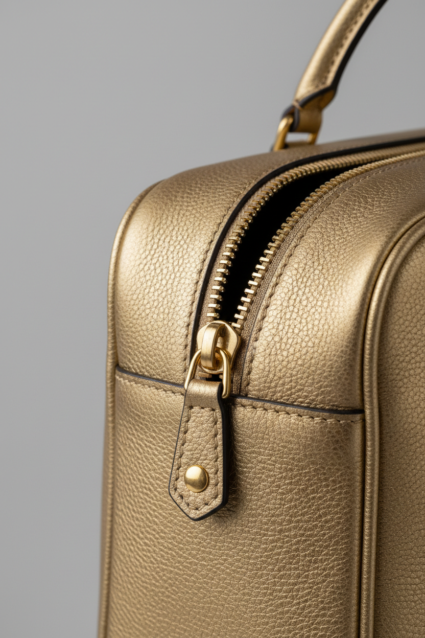 Executive Carry Weekender in Gold Premium Signature Leather – leather and zipper macro close-up