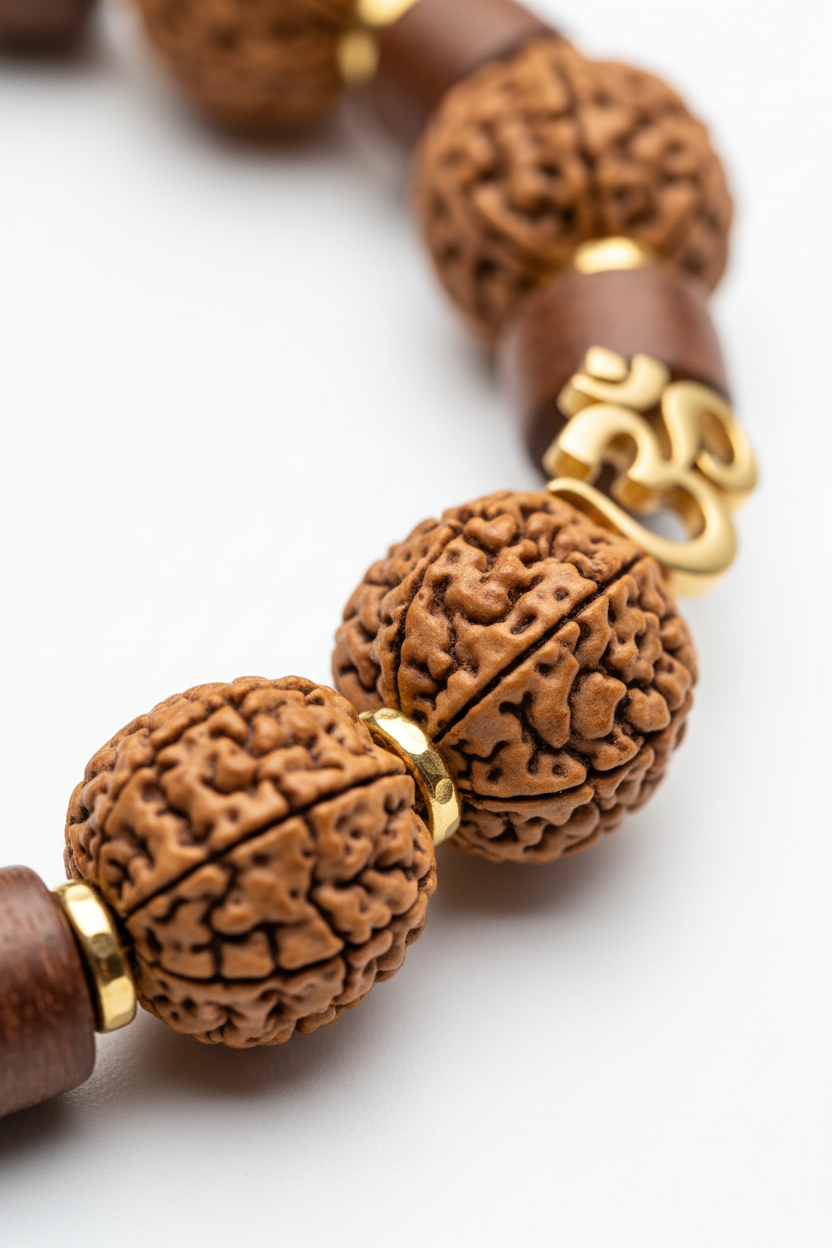 Macro close-up of natural rudraksha beads on Earth Tone Bracelet showing detailed surface texture