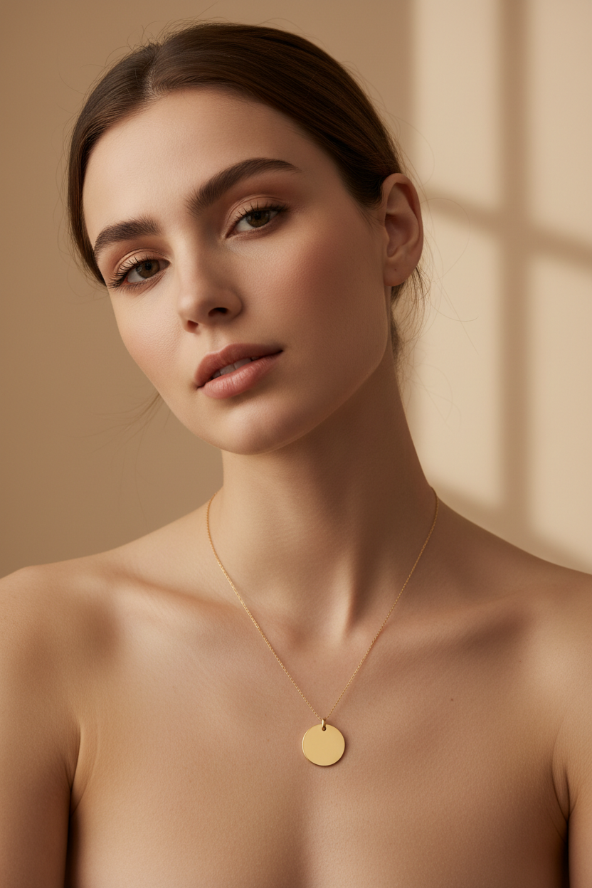 Elegant female model wearing Le Harmonie gold round pendant necklace