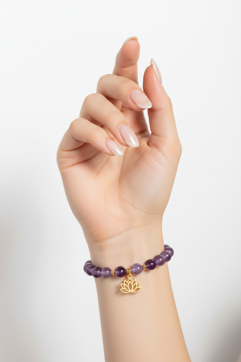 Elegant female hand wearing Inner Peace Bracelet with lavender amethyst beads and gold charm