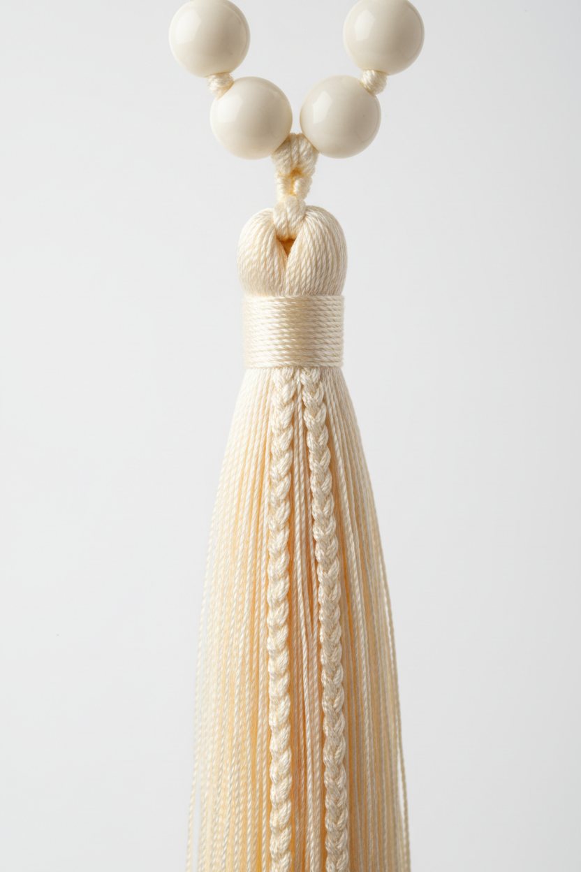 Close-up of Le Sattva Mala elegant handcrafted ivory silk tassel