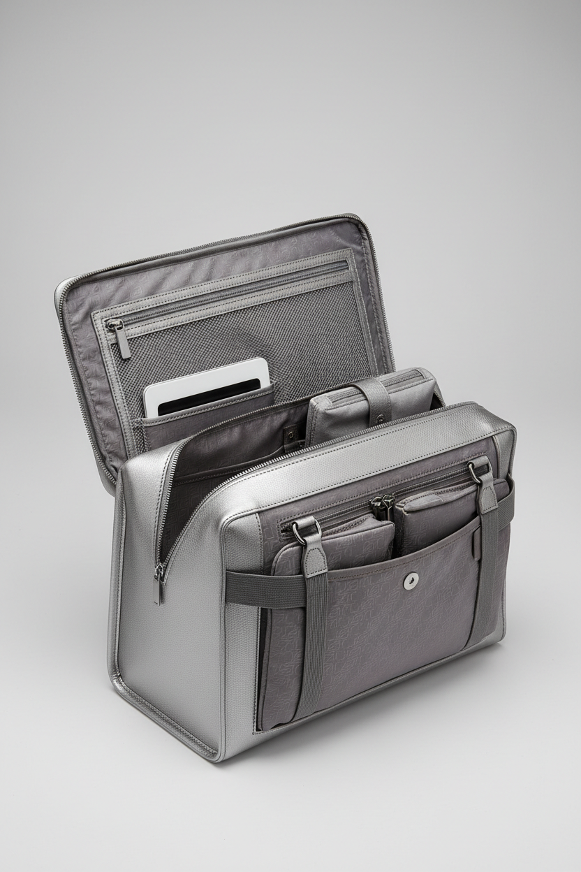 Executive Carry Weekender in Silver Structured Matte Leather – open interior compartment