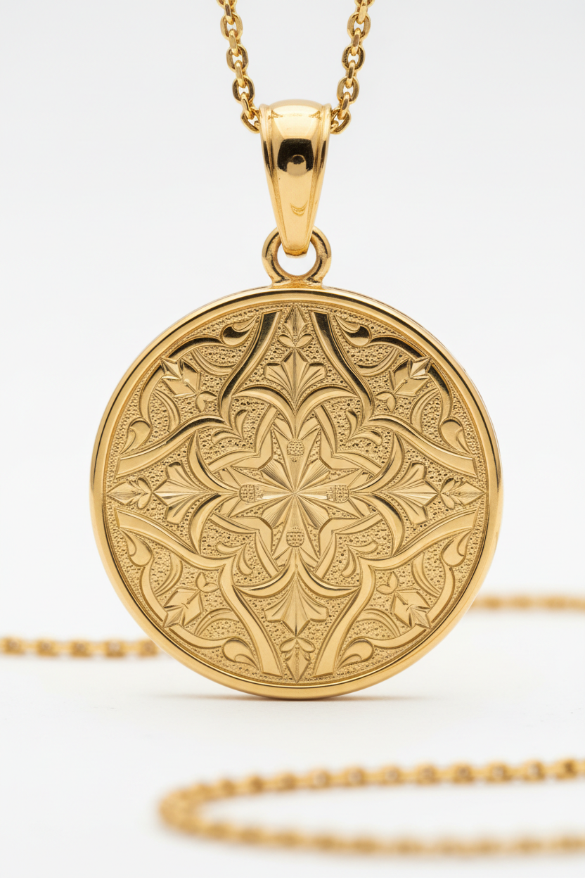 Close-up of Le Velvet intricate engraved gold pendant