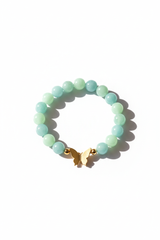 Luxury feminine bead bracelet with pastel aquamarine blue and mint green beads and gold butterfly charm, main product view