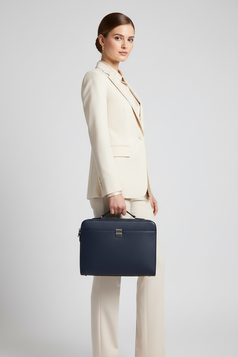 Le Slim Briefcase Navy – Model Shot
