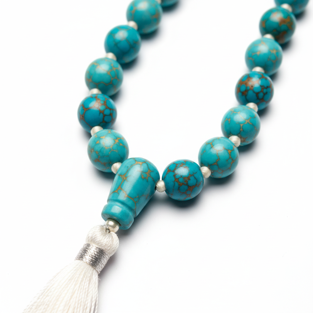 Close-up detail of handcrafted turquoise gemstone beads