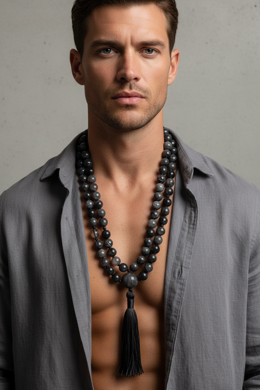 Male model wearing Stone Mala Necklace natural dark gemstone mala draped on neck and chest
