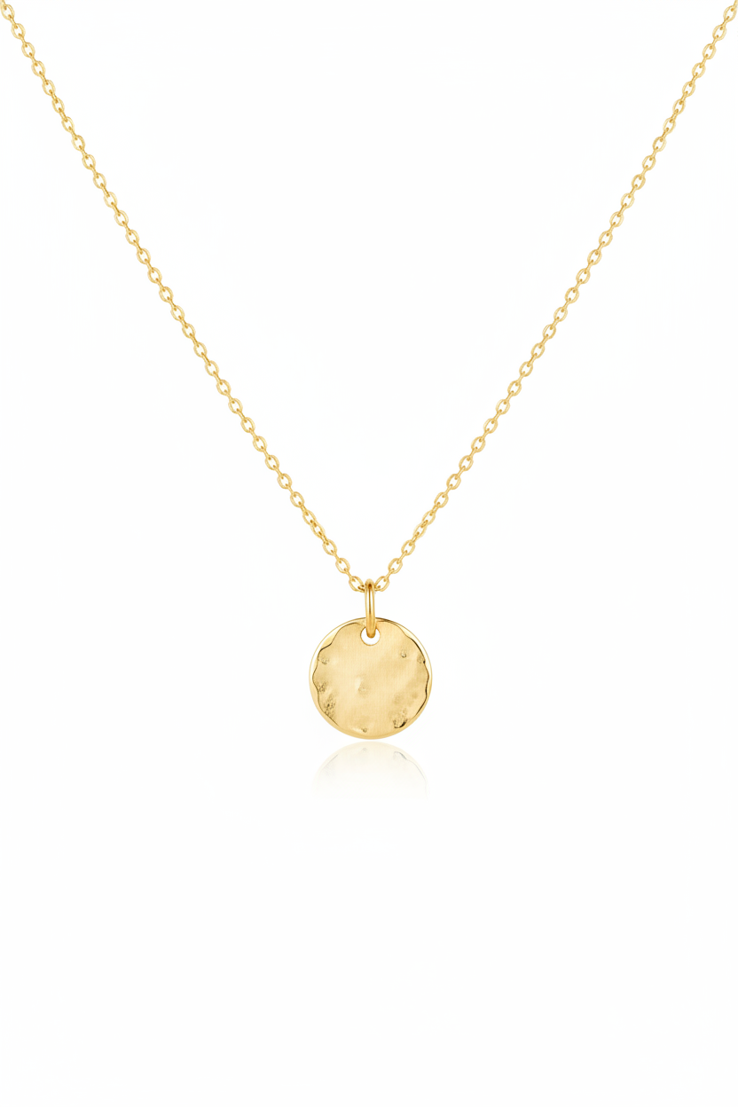 Luxury spiritual gold disc pendant necklace with hammered texture and fine chain, front view