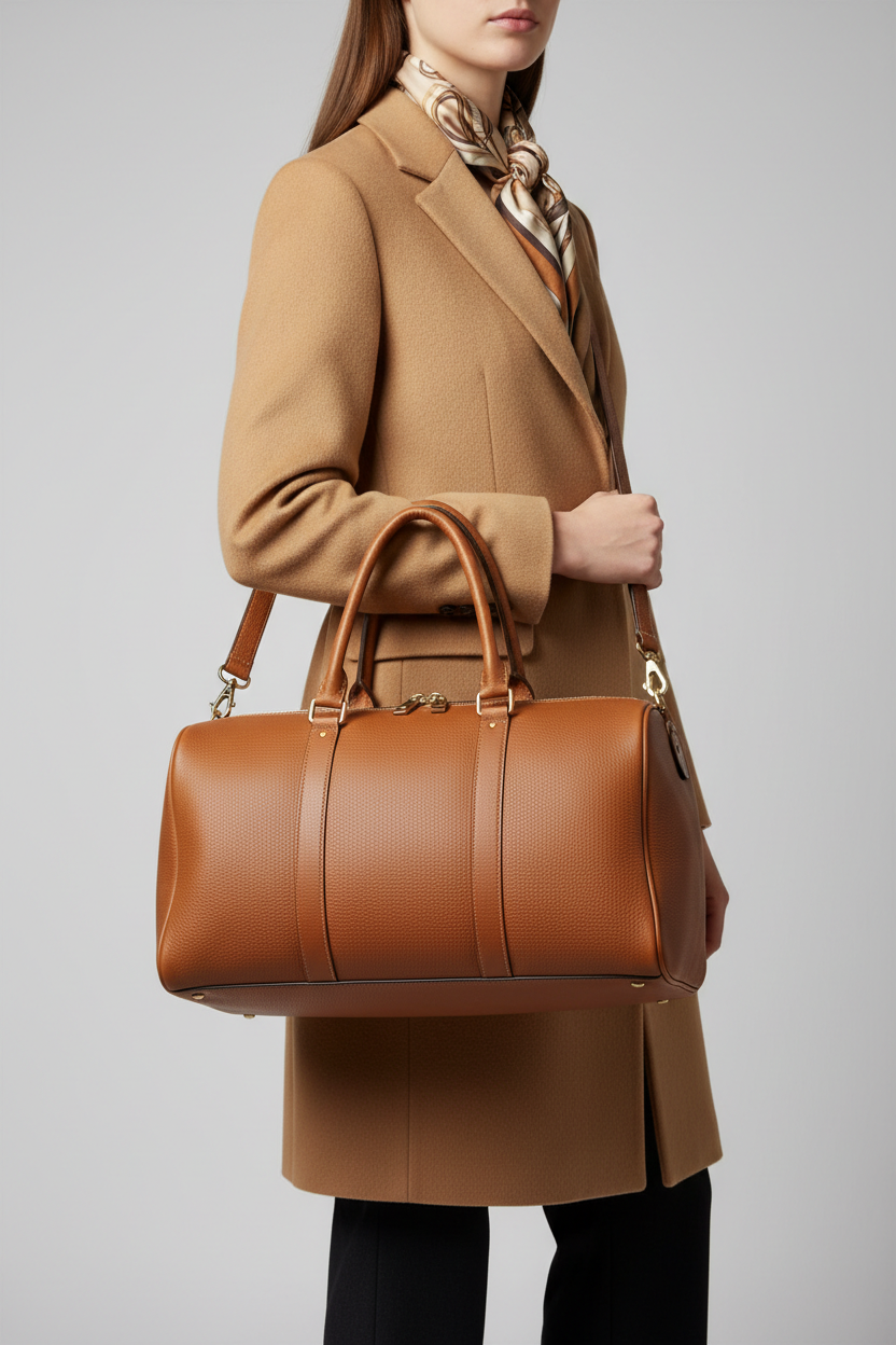 Metropolitan Travel Weekender in Brown, portrait travel lifestyle model image