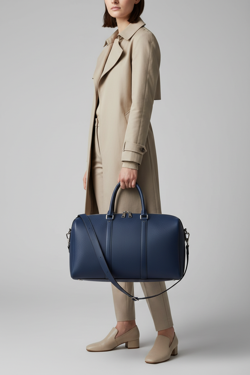 Metropolitan Travel Weekender in Blue, portrait travel lifestyle model image